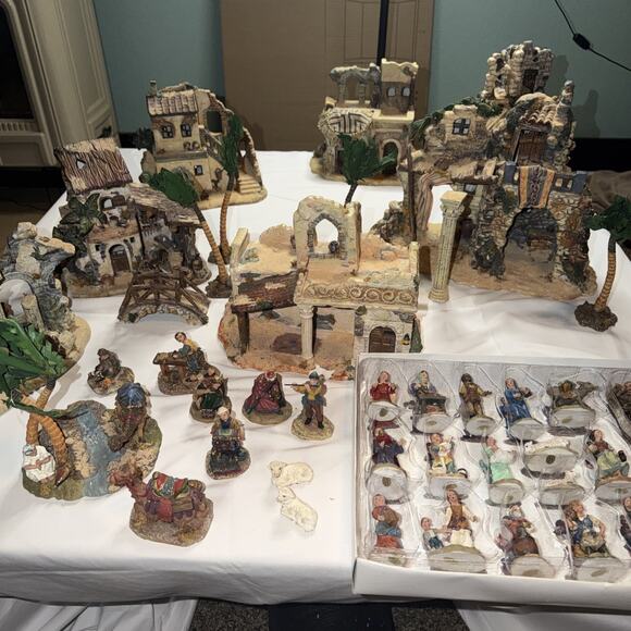 Vintage Christmas Nativity Scene 46 pc CERAMIC OLD WORLD STONE VILLAGE Bethlehem - Picture 1 of 16